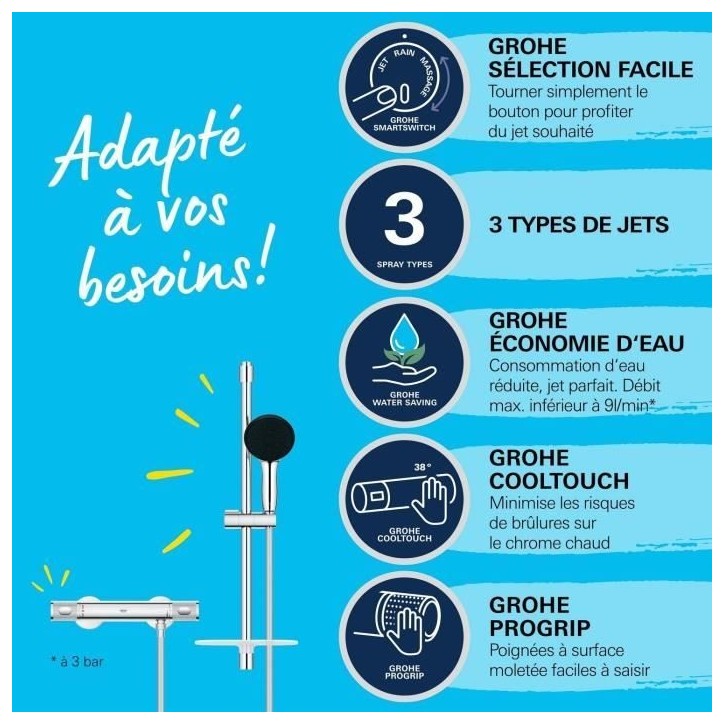 Ensemble de douche avec mitigeur thermostatique, pommeau 3 jets, barre 60cm et flexible - GROHE 34791001 - Economie d'eau - Chro Ensemble de douche avec mitigeur thermostatique, pommeau 3 jets, barre 60cm et flexible - GROHE 34791001 - Economie d'eau - Chro