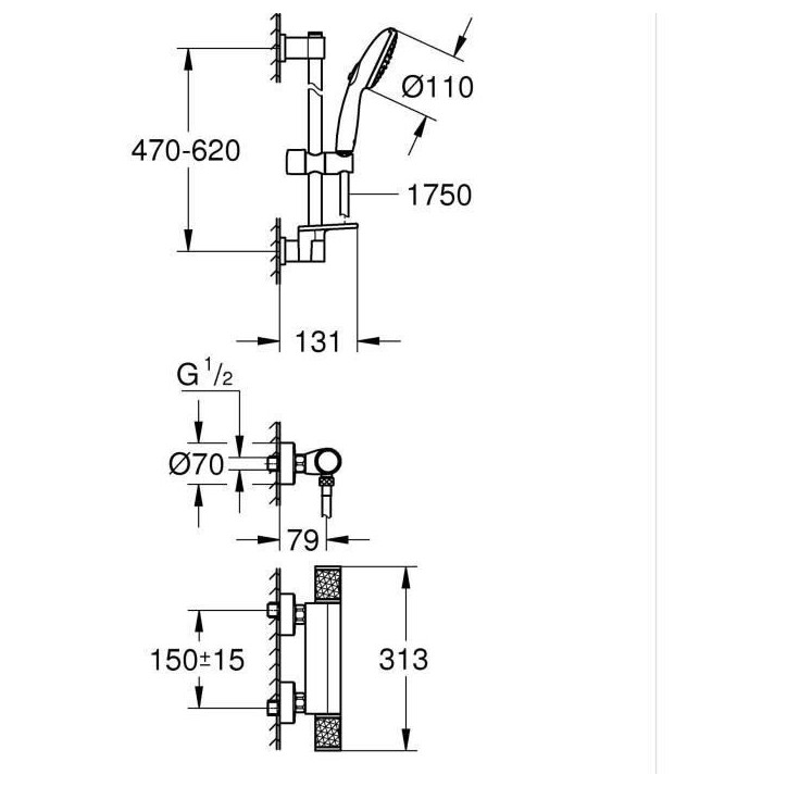 Ensemble de douche avec mitigeur thermostatique, pommeau 3 jets, barre 60cm et flexible - GROHE 34791001 - Economie d'eau - Chro Ensemble de douche avec mitigeur thermostatique, pommeau 3 jets, barre 60cm et flexible - GROHE 34791001 - Economie d'eau - Chro