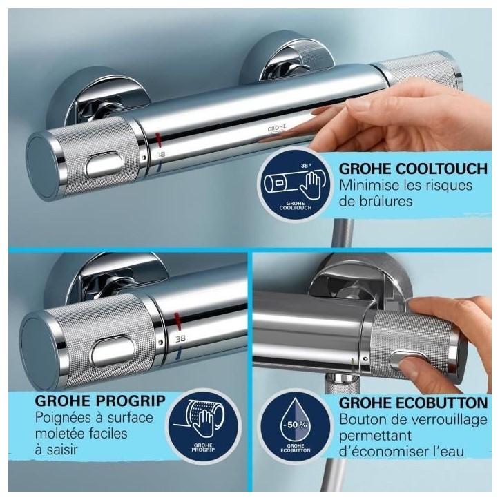 Ensemble de douche avec mitigeur thermostatique, pommeau 3 jets, barre 60cm et flexible - GROHE 34791001 - Economie d'eau - Chro Ensemble de douche avec mitigeur thermostatique, pommeau 3 jets, barre 60cm et flexible - GROHE 34791001 - Economie d'eau - Chro