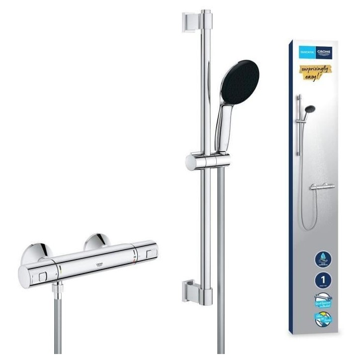 Ensemble de douche avec mitigeur thermostatique, pommeau 1 jet, barre 60cm et flexible - GROHE 34597001 - Economie d'eau - Chrom Ensemble de douche avec mitigeur thermostatique, pommeau 1 jet, barre 60cm et flexible - GROHE 34597001 - Economie d'eau - Chrom