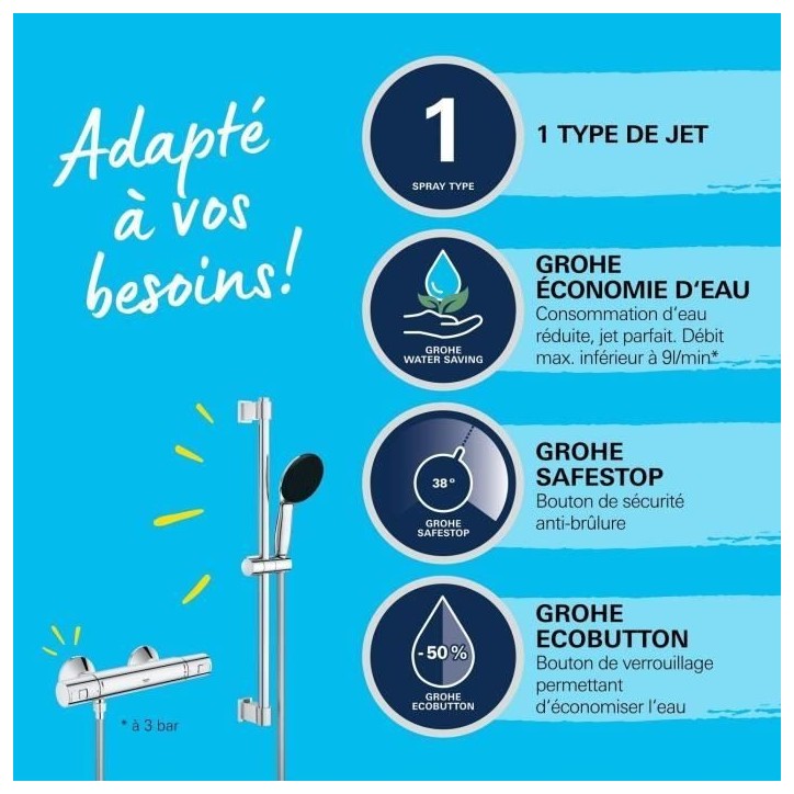 Ensemble de douche avec mitigeur thermostatique, pommeau 1 jet, barre 60cm et flexible - GROHE 34597001 - Economie d'eau - Chrom Ensemble de douche avec mitigeur thermostatique, pommeau 1 jet, barre 60cm et flexible - GROHE 34597001 - Economie d'eau - Chrom