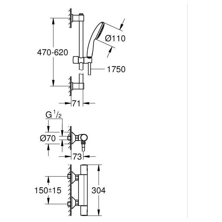 Ensemble de douche avec mitigeur thermostatique, pommeau 1 jet, barre 60cm et flexible - GROHE 34597001 - Economie d'eau - Chrom Ensemble de douche avec mitigeur thermostatique, pommeau 1 jet, barre 60cm et flexible - GROHE 34597001 - Economie d'eau - Chrom