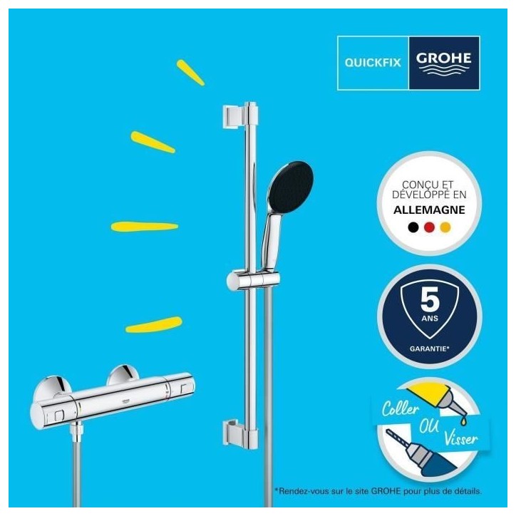 Ensemble de douche avec mitigeur thermostatique, pommeau 1 jet, barre 60cm et flexible - GROHE 34597001 - Economie d'eau - Chrom Ensemble de douche avec mitigeur thermostatique, pommeau 1 jet, barre 60cm et flexible - GROHE 34597001 - Economie d'eau - Chrom