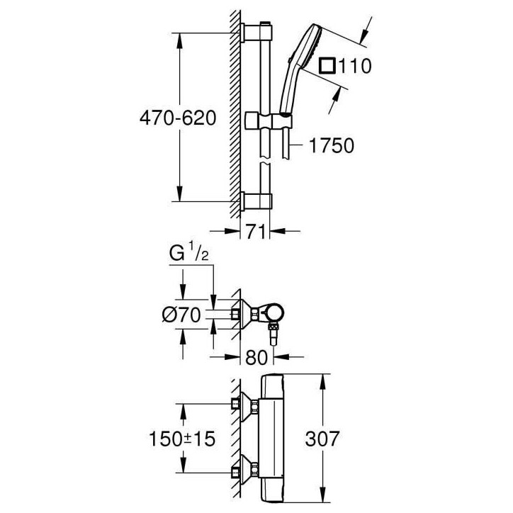 Ensemble de douche avec mitigeur thermostatique, pommeau 3 jets, barre 60cm et flexible - GROHE 34237003 - Economie d'eau - Chro Ensemble de douche avec mitigeur thermostatique, pommeau 3 jets, barre 60cm et flexible - GROHE 34237003 - Economie d'eau - Chro
