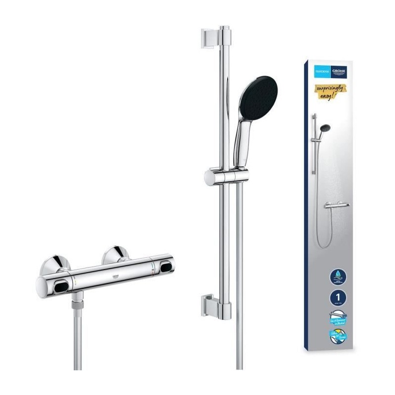 Ensemble de douche avec mitigeur thermostatique, pommeau 1 jet, barre