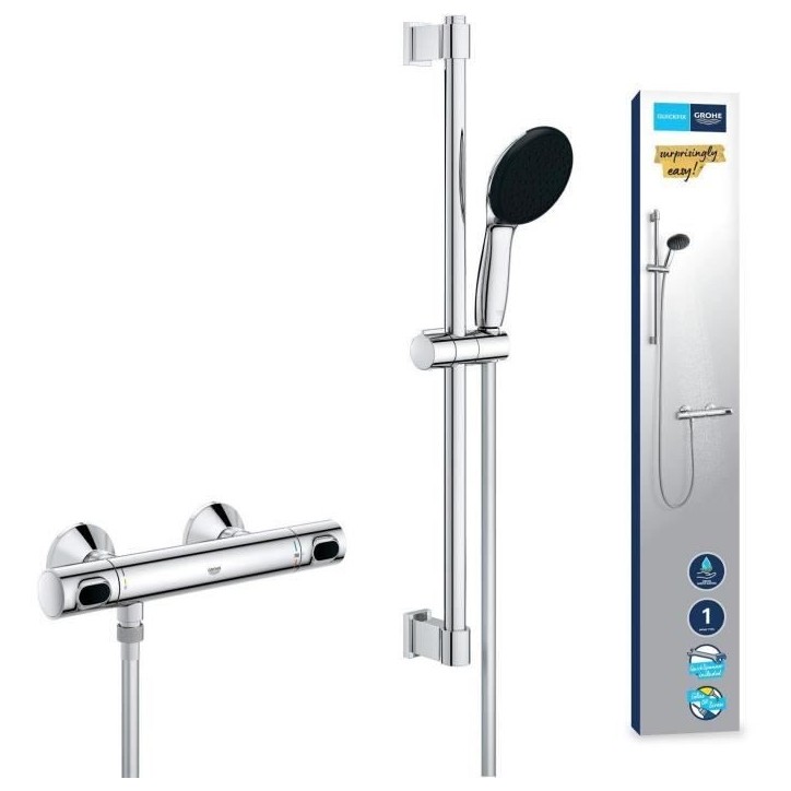 Ensemble de douche avec mitigeur thermostatique, pommeau 1 jet, barre 60cm et flexible - GROHE 34800001 - Economie d'eau - Chrom Ensemble de douche avec mitigeur thermostatique, pommeau 1 jet, barre 60cm et flexible - GROHE 34800001 - Economie d'eau - Chrom