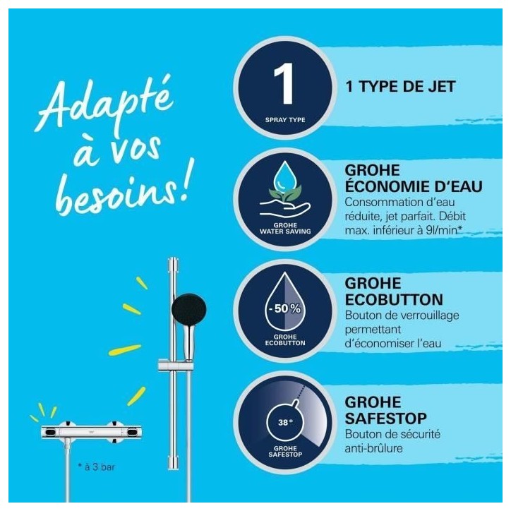 Ensemble de douche avec mitigeur thermostatique, pommeau 1 jet, barre 60cm et flexible - GROHE 34800001 - Economie d'eau - Chrom Ensemble de douche avec mitigeur thermostatique, pommeau 1 jet, barre 60cm et flexible - GROHE 34800001 - Economie d'eau - Chrom