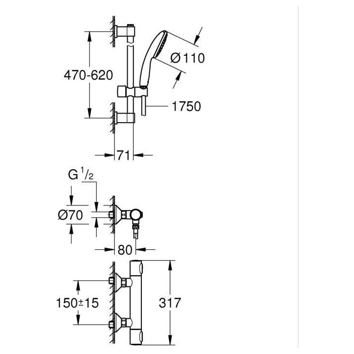 Ensemble de douche avec mitigeur thermostatique, pommeau 1 jet, barre 60cm et flexible - GROHE 34800001 - Economie d'eau - Chrom Ensemble de douche avec mitigeur thermostatique, pommeau 1 jet, barre 60cm et flexible - GROHE 34800001 - Economie d'eau - Chrom