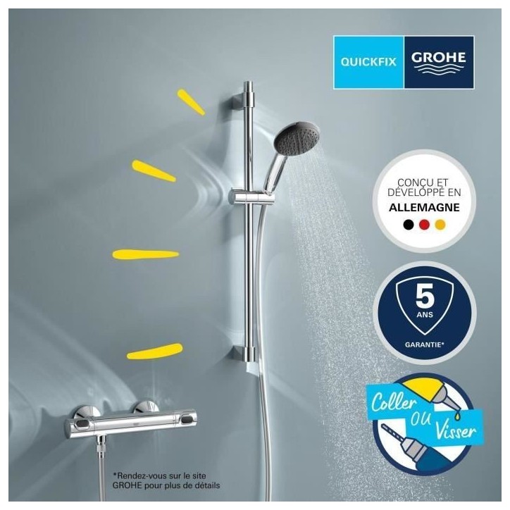 Ensemble de douche avec mitigeur thermostatique, pommeau 1 jet, barre 60cm et flexible - GROHE 34800001 - Economie d'eau - Chrom Ensemble de douche avec mitigeur thermostatique, pommeau 1 jet, barre 60cm et flexible - GROHE 34800001 - Economie d'eau - Chrom