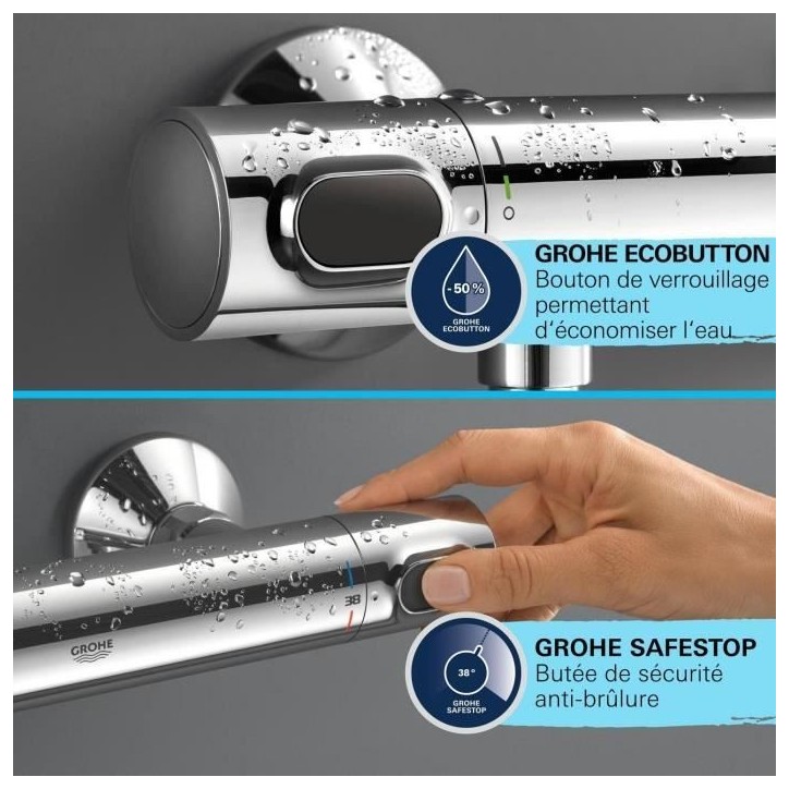 Ensemble de douche avec mitigeur thermostatique, pommeau 1 jet, barre 60cm et flexible - GROHE 34800001 - Economie d'eau - Chrom Ensemble de douche avec mitigeur thermostatique, pommeau 1 jet, barre 60cm et flexible - GROHE 34800001 - Economie d'eau - Chrom