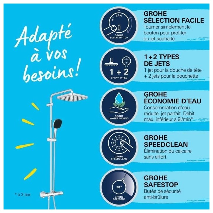 Colonne de douche avec mitigeur thermostatique - Economie d'eau - GROHE Vitalio Comfort 250 - Chromé - 26696001 Colonne de douche avec mitigeur thermostatique - Economie d'eau - GROHE Vitalio Comfort 250 - Chromé - 26696001