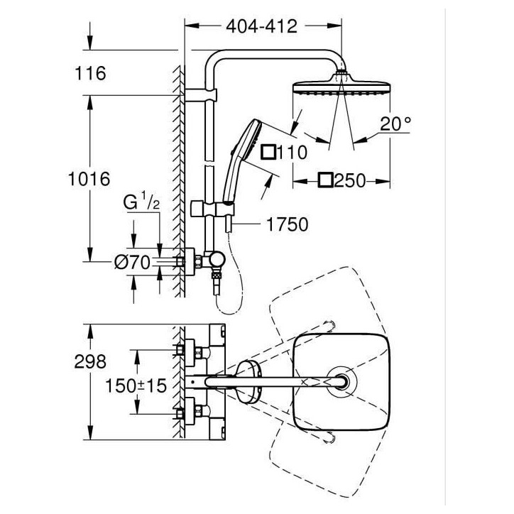 Colonne de douche avec mitigeur thermostatique - Economie d'eau - GROHE Vitalio Comfort 250 - Chromé - 26696001 Colonne de douche avec mitigeur thermostatique - Economie d'eau - GROHE Vitalio Comfort 250 - Chromé - 26696001
