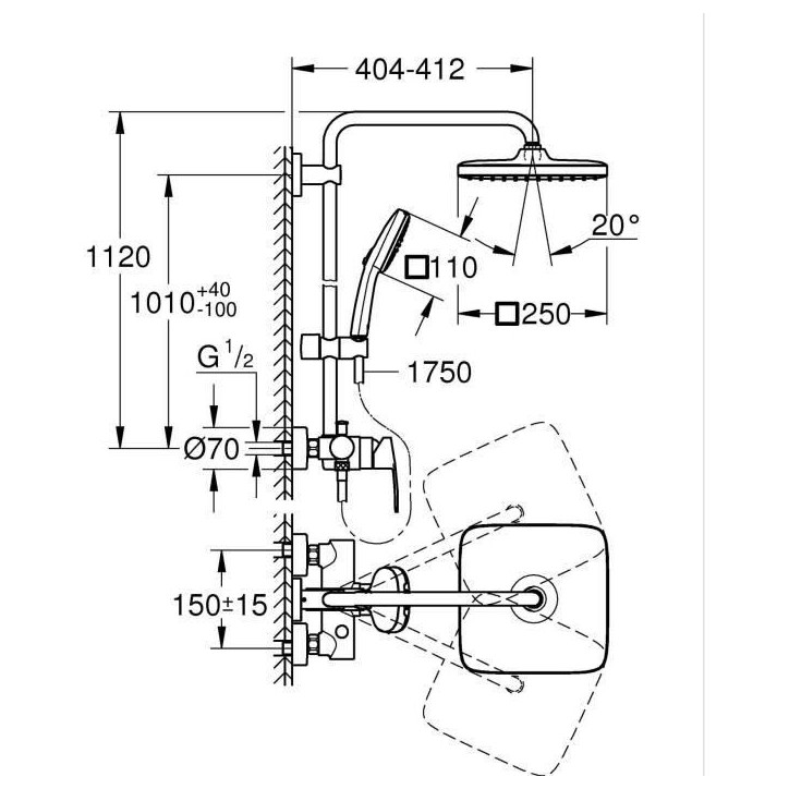 Colonne de douche avec mitigeur monocommande - Economie d'eau - GROHE Vitalio Comfort 250 - Chromé - 26985001
