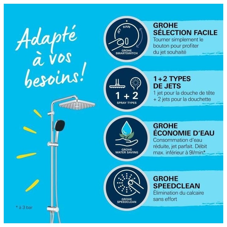 Colonne de douche avec inverseur manuel - Economie d'eau - GROHE Vitalio Comfort 250 - Chromé - 26986001 Colonne de douche avec inverseur manuel - Economie d'eau - GROHE Vitalio Comfort 250 - Chromé - 26986001