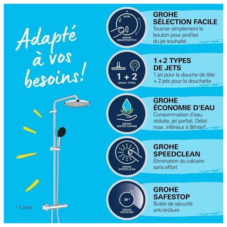 Colonne de douche avec mitigeur thermostatique - Economie d'eau - GROHE Vitalio Start System 250 - Chromé - 26677001 Colonne de douche avec mitigeur thermostatique - Economie d'eau - GROHE Vitalio Start System 250 - Chromé - 26677001