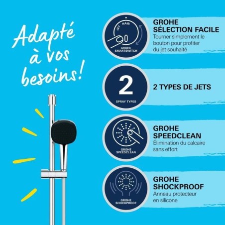 Ensemble de douche avec pommeau 2 jets, barre et flexible - GROHE Vitalio Comfort 110 26928001 - Sélection facile - Economie d'