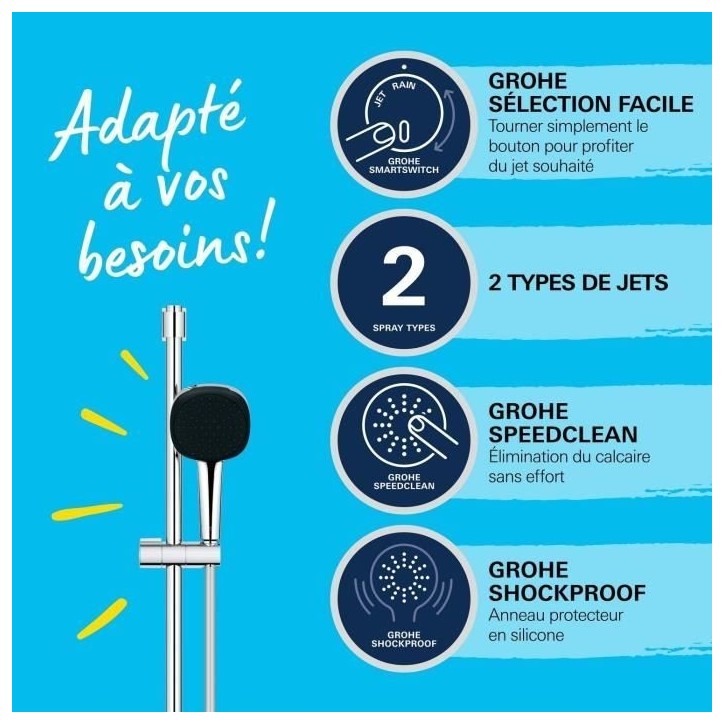 Ensemble de douche avec pommeau 2 jets, barre et flexible - GROHE Vitalio Comfort 110 26928001 - Sélection facile - Economie d' Ensemble de douche avec pommeau 2 jets, barre et flexible - GROHE Vitalio Comfort 110 26928001 - Sélection facile - Economie d'