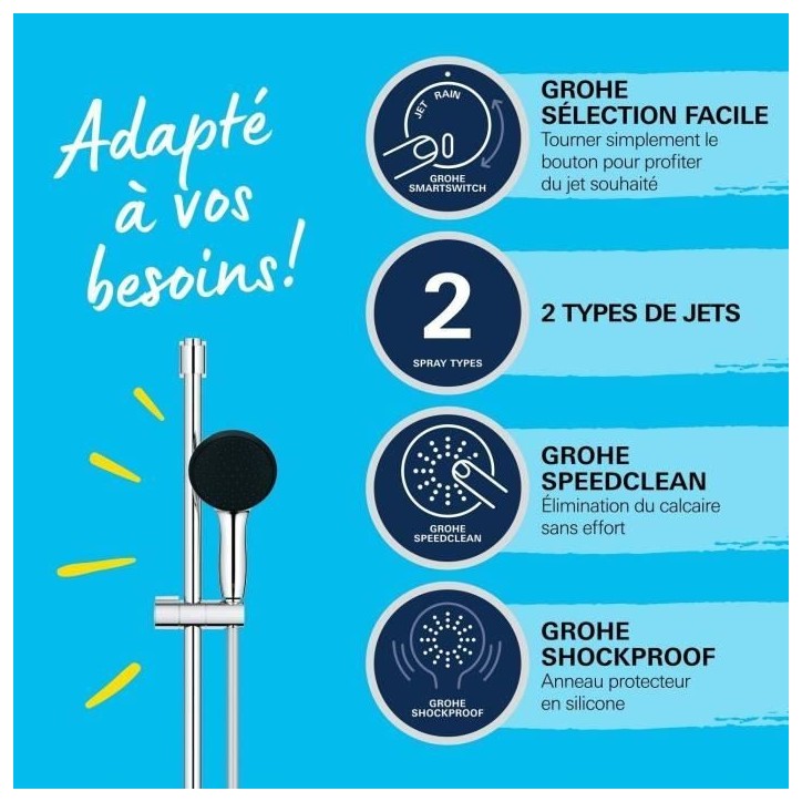 Ensemble de douche avec pommeau 2 jets, barre 60cm et flexible - GROHE Vitalio Start 110 26951001 - Economie d'eau - Chromé Ensemble de douche avec pommeau 2 jets, barre 60cm et flexible - GROHE Vitalio Start 110 26951001 - Economie d'eau - Chromé