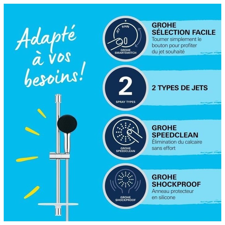 Ensemble de douche avec pommeau 2 jets, barre 60cm, flexible et tablette- GROHE Vitalio Start 110 26952001 - Economie d'eau - Ch Ensemble de douche avec pommeau 2 jets, barre 60cm, flexible et tablette- GROHE Vitalio Start 110 26952001 - Economie d'eau - Ch