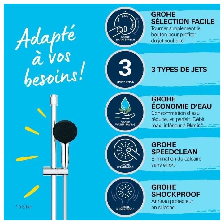 Ensemble de douche avec pommeau 3 jets, barre 90cm et flexible - GROHE Vitalio Start 110 26956001 - Economie d'eau - Chromé Ensemble de douche avec pommeau 3 jets, barre 90cm et flexible - GROHE Vitalio Start 110 26956001 - Economie d'eau - Chromé