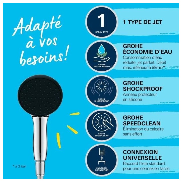 Ensemble flexible et pommeau de douche 1 jet (Pluie) - GROHE Vitalio Start 110 26720001 - Sélection facile - Economie d'eau