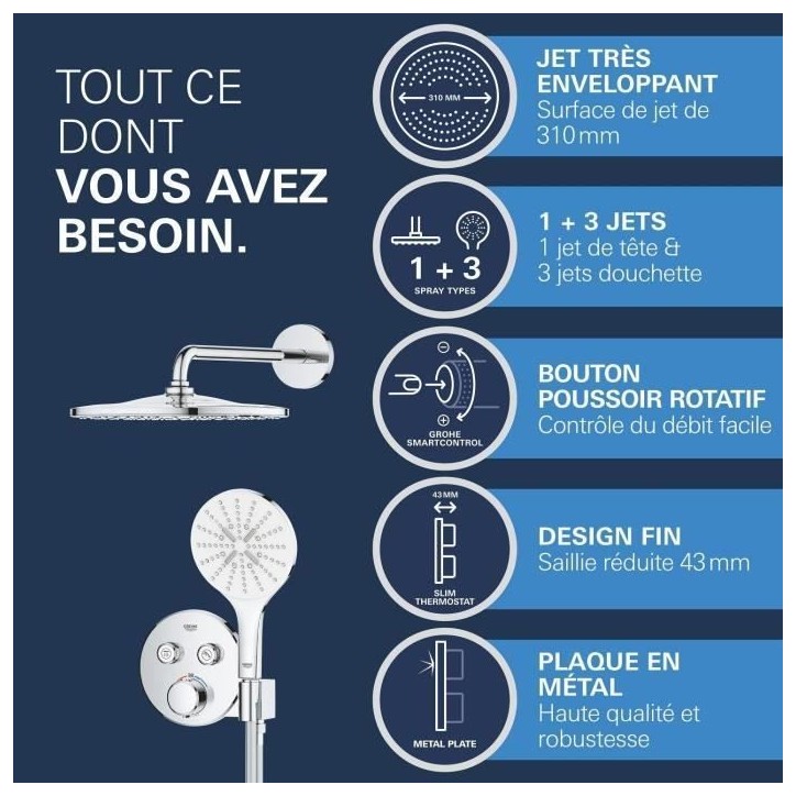 Ensemble de douche encastré - Tous les types de jets - Mitigeur thermostatique - GROHE - 34877000 - Gris Ensemble de douche encastré - Tous les types de jets - Mitigeur thermostatique - GROHE - 34877000 - Gris