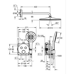 Ensemble de douche encastré - Tous les types de jets - Mitigeur therm