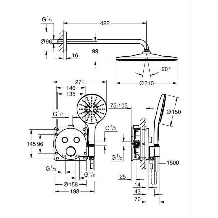 Ensemble de douche encastré - Tous les types de jets - Mitigeur thermostatique - GROHE - 34877000 - Gris Ensemble de douche encastré - Tous les types de jets - Mitigeur thermostatique - GROHE - 34877000 - Gris