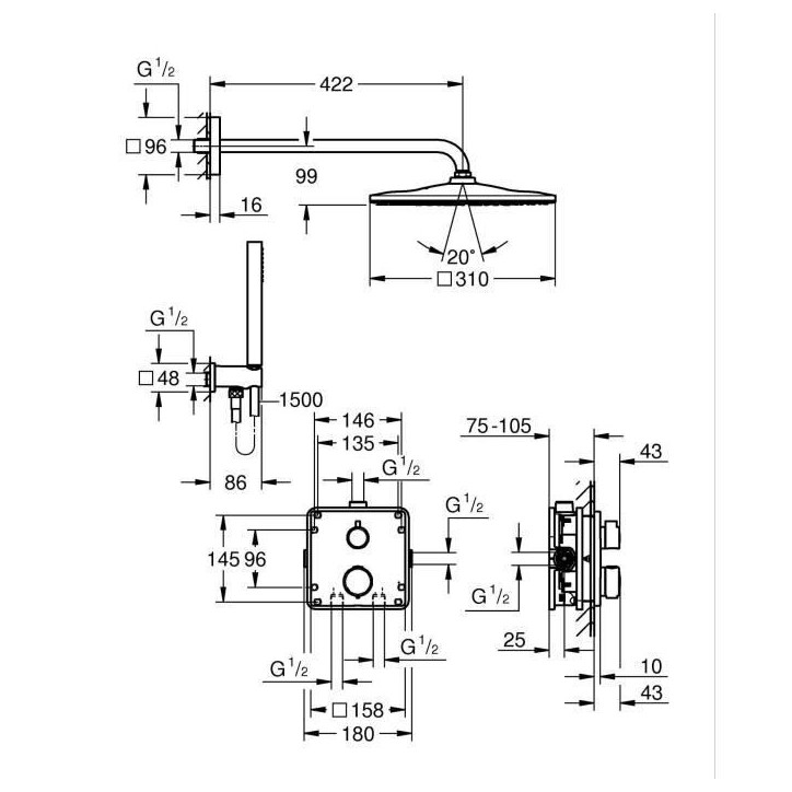Ensemble de douche encastré - 1 jet - Mitigeur thermostatique - GROHE - 34881000 - Gris