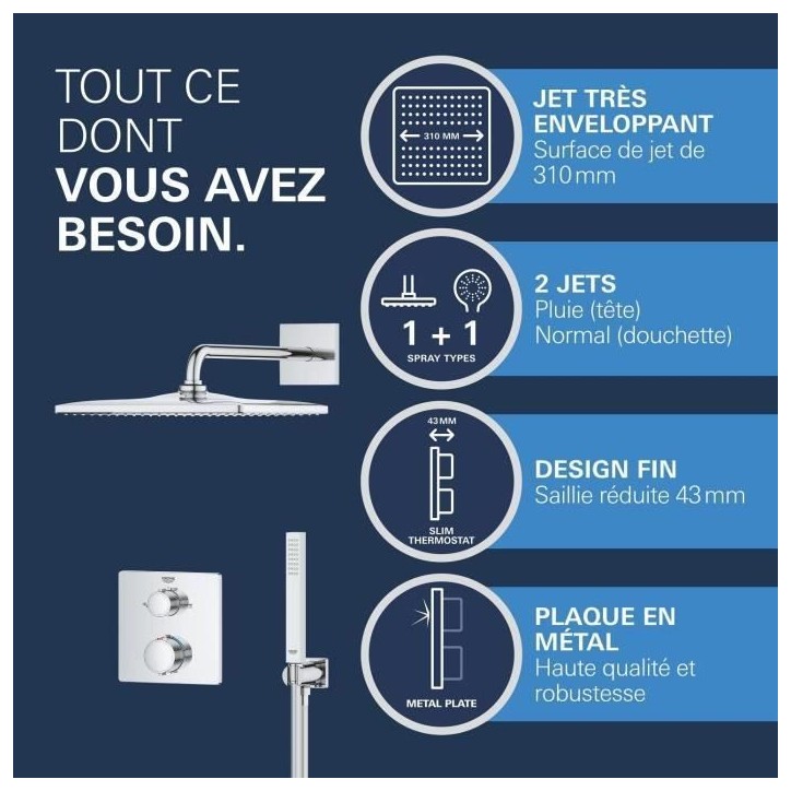 Ensemble de douche encastré - 1 jet - Mitigeur thermostatique - GROHE - 34881000 - Gris