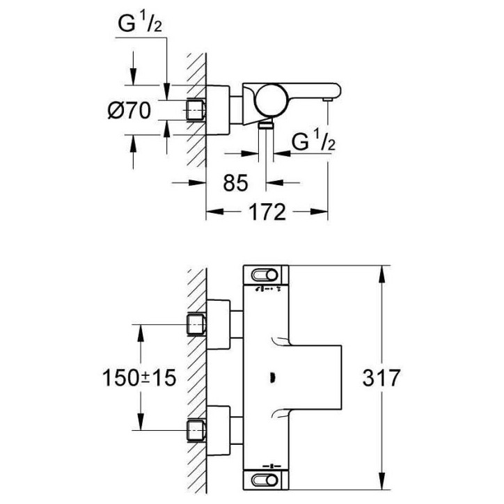 GROHE Mitigeur mural thermostatique bain/douche ½ Grohtherm 2000 34174001 - Jet cascade - Limiteur de température - Economie d GROHE Mitigeur mural thermostatique bain/douche ½ Grohtherm 2000 34174001 - Jet cascade - Limiteur de température - Economie d