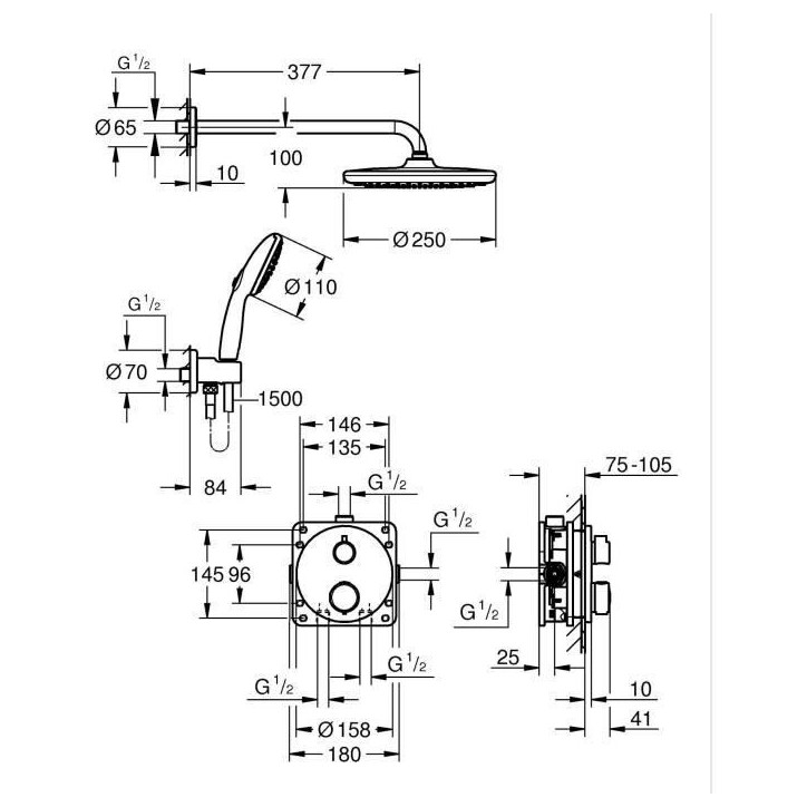Ensemble de douche encastré - 1 + 2 jets - Mitigeur thermostatique - GROHE - 348832430 - Noir Ensemble de douche encastré - 1 + 2 jets - Mitigeur thermostatique - GROHE - 348832430 - Noir