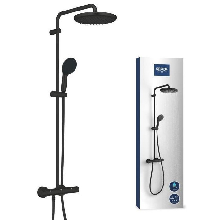 Colonne de douche avec mitigeur thermostatique - Economie d'eau - GROHE Vitalio Start System 250 - Noir Mat - 266772431 Colonne de douche avec mitigeur thermostatique - Economie d'eau - GROHE Vitalio Start System 250 - Noir Mat - 266772431