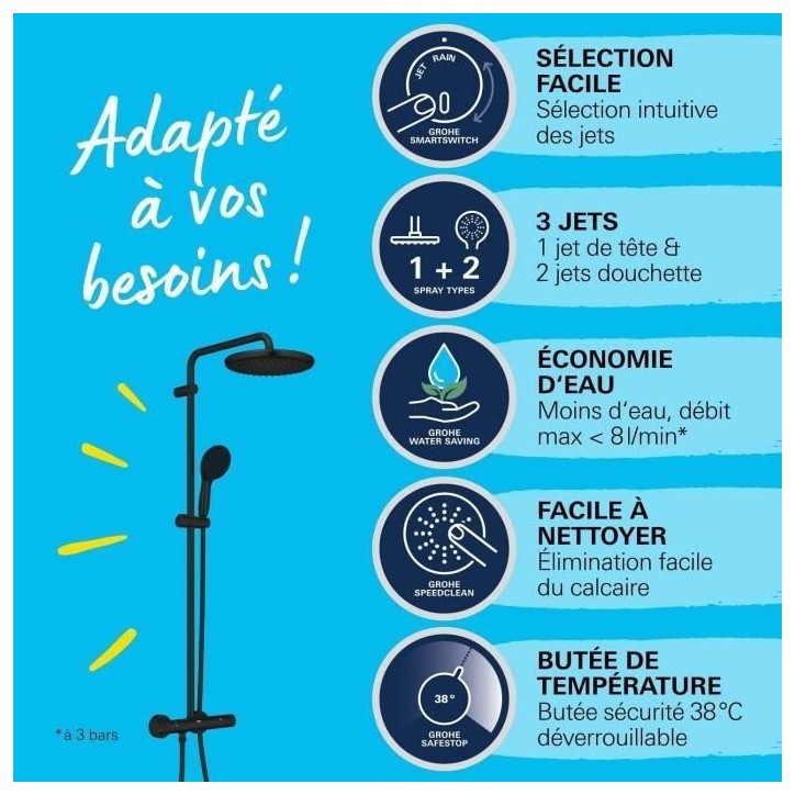 Colonne de douche avec mitigeur thermostatique - Economie d'eau - GROHE Vitalio Start System 250 - Noir Mat - 266772431 Colonne de douche avec mitigeur thermostatique - Economie d'eau - GROHE Vitalio Start System 250 - Noir Mat - 266772431
