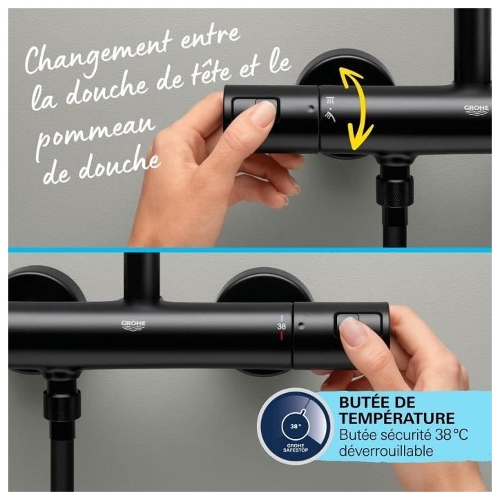 Colonne de douche avec mitigeur thermostatique - Economie d'eau - GROHE Vitalio Start System 250 - Noir Mat - 266772431 Colonne de douche avec mitigeur thermostatique - Economie d'eau - GROHE Vitalio Start System 250 - Noir Mat - 266772431