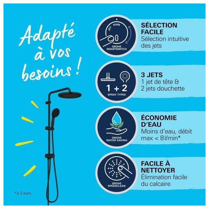 Colonne de douche avec inverseur manuel - Economie d'eau - GROHE Vitalio Start System 250 - Noir Mat - 266802431