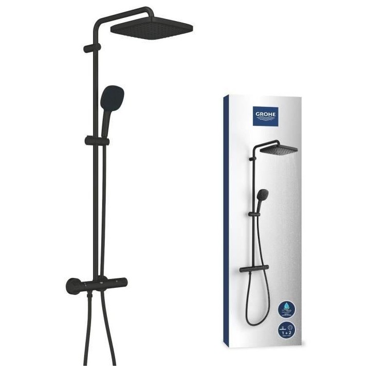 Colonne de douche avec mitigeur thermostatique - Economie d'eau - GROHE Vitalio Comfort 250 - Noir Mat - 266962431
