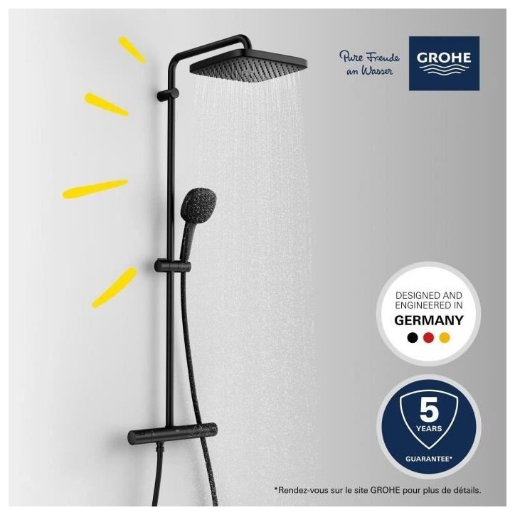 Colonne de douche avec mitigeur thermostatique - Economie d'eau - GROHE Vitalio Comfort 250 - Noir Mat - 266962431