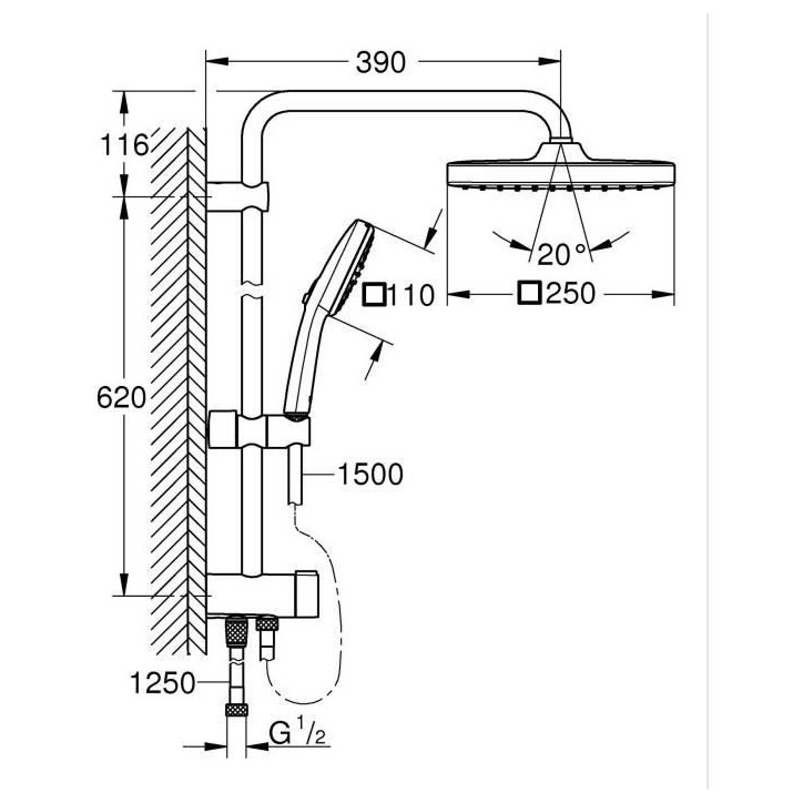 Colonne de douche avec inverseur manuel - Economie d'eau - GROHE Vitalio Comfort 250 - Noir Mat - 266982431 Colonne de douche avec inverseur manuel - Economie d'eau - GROHE Vitalio Comfort 250 - Noir Mat - 266982431