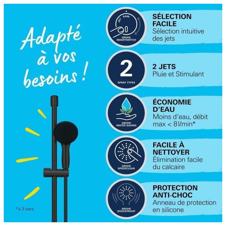 Ensemble de douche avec pommeau 2 jets, barre 60cm et flexible 1,75m - GROHE Vitalio Start 110 279482431 - Economie d'eau - Noir Ensemble de douche avec pommeau 2 jets, barre 60cm et flexible 1,75m - GROHE Vitalio Start 110 279482431 - Economie d'eau - Noir