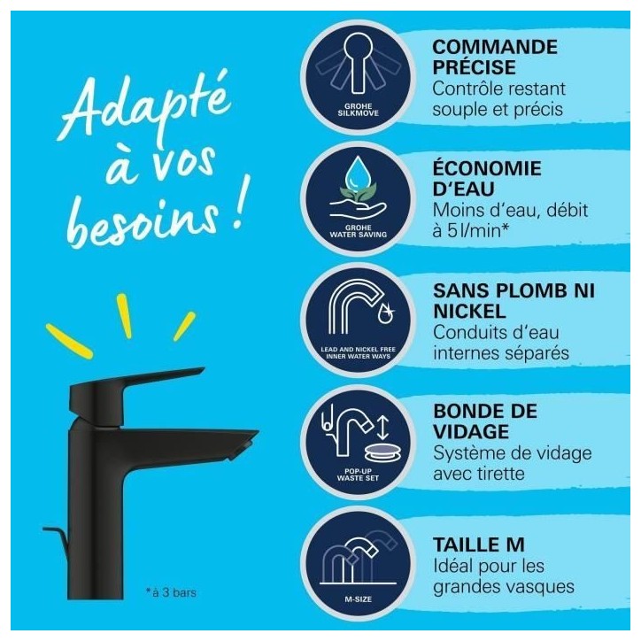 Mitigeur monocommande lavabo - GROHE Start - 234552432 - Noir mat - Taille M - Bec moyen - Economie d'eau - Tirette et vidage Mitigeur monocommande lavabo - GROHE Start - 234552432 - Noir mat - Taille M - Bec moyen - Economie d'eau - Tirette et vidage