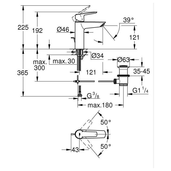 Mitigeur monocommande lavabo - GROHE Start - 234552432 - Noir mat - Taille M - Bec moyen - Economie d'eau - Tirette et vidage Mitigeur monocommande lavabo - GROHE Start - 234552432 - Noir mat - Taille M - Bec moyen - Economie d'eau - Tirette et vidage