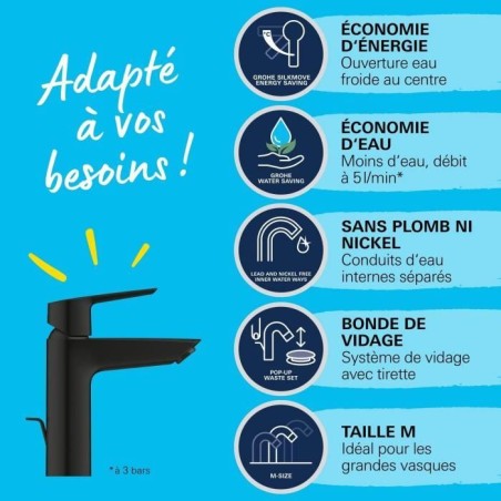 Mitigeur monocommande lavabo - GROHE Start - 235522432 -Noir mat -Taille M -Ouverture Eau Froide -Economie d'eau -Tirette et vid