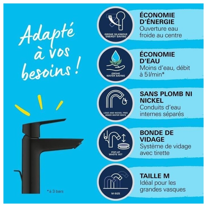Mitigeur monocommande lavabo - GROHE Start - 235522432 -Noir mat -Taille M -Ouverture Eau Froide -Economie d'eau -Tirette et vid Mitigeur monocommande lavabo - GROHE Start - 235522432 -Noir mat -Taille M -Ouverture Eau Froide -Economie d'eau -Tirette et vid