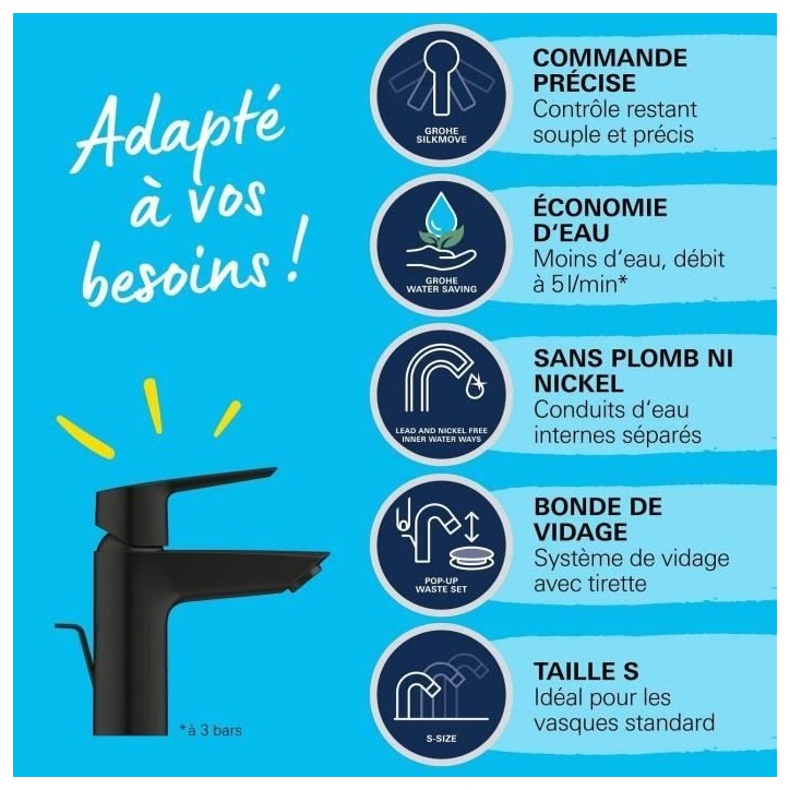 Mitigeur monocommande lavabo - GROHE Start - 242092432 - Noir mat - Taille S - Economie d'eau - Tirette et vidage Mitigeur monocommande lavabo - GROHE Start - 242092432 - Noir mat - Taille S - Economie d'eau - Tirette et vidage