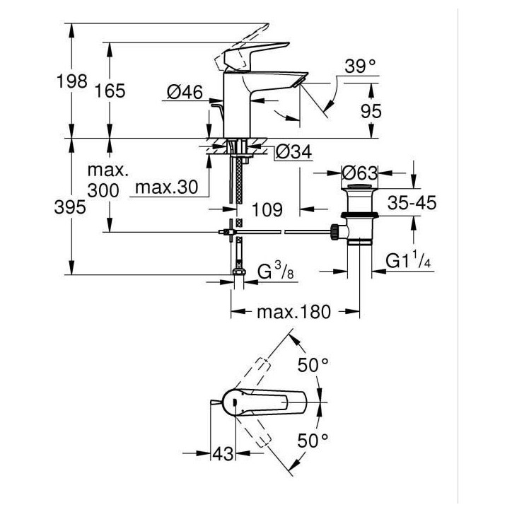 Mitigeur monocommande lavabo - GROHE Start - 242092432 - Noir mat - Taille S - Economie d'eau - Tirette et vidage Mitigeur monocommande lavabo - GROHE Start - 242092432 - Noir mat - Taille S - Economie d'eau - Tirette et vidage