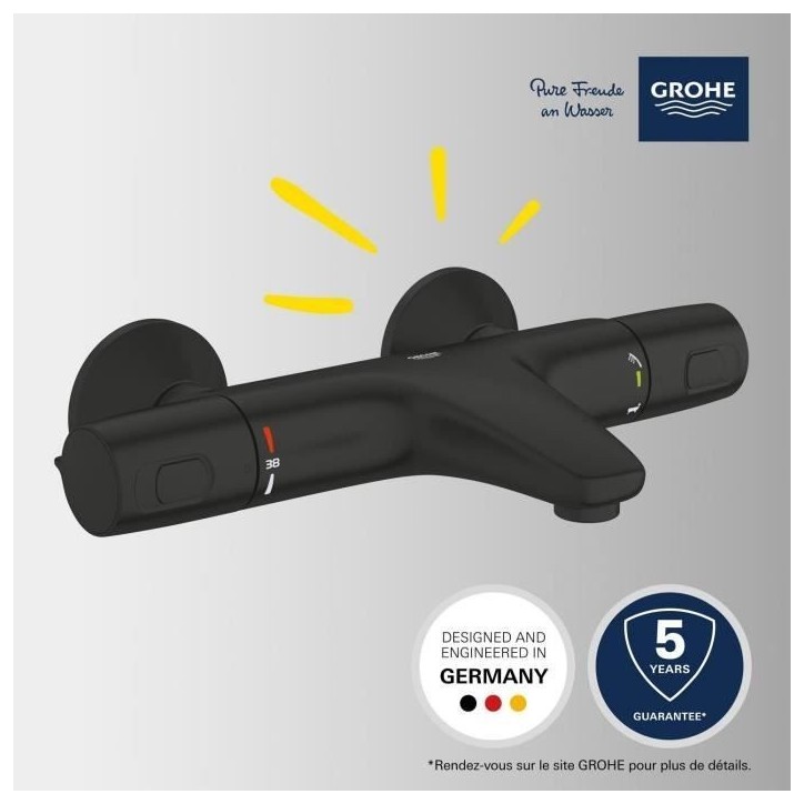 Mitigeur thermostatique bain/douche - GROHE Precision Trend - 1022162432 - Noir mat - Montage mural apparent - Economie d'eau Mitigeur thermostatique bain/douche - GROHE Precision Trend - 1022162432 - Noir mat - Montage mural apparent - Economie d'eau