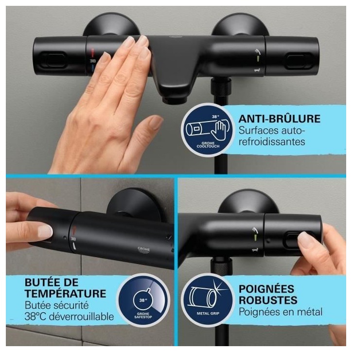 Mitigeur thermostatique bain/douche - GROHE Precision Trend - 1022162432 - Noir mat - Montage mural apparent - Economie d'eau Mitigeur thermostatique bain/douche - GROHE Precision Trend - 1022162432 - Noir mat - Montage mural apparent - Economie d'eau