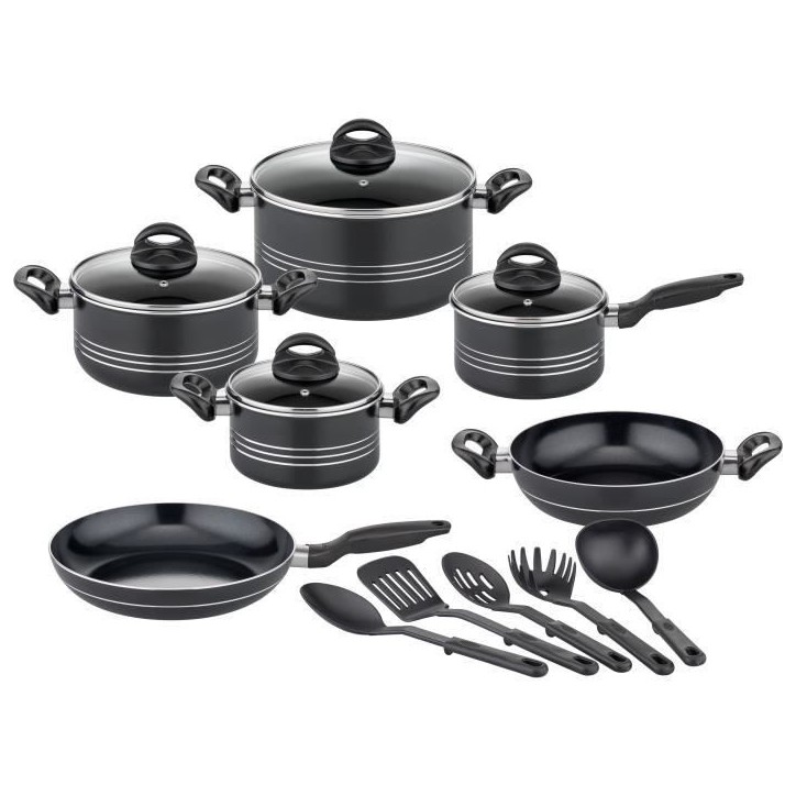 Batterie de cuisine - Induction - GSW - MILANO NERO - 15 pieces - Aluminium massif - Noir