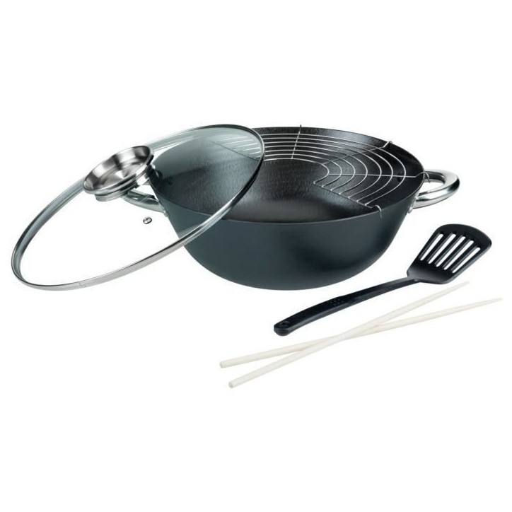 Wok multifonction 5 pieces - GSW - 860956 - Fonte d'acier - 32 cm - Tous feux dont induction Wok multifonction 5 pieces - GSW - 860956 - Fonte d'acier - 32 cm - Tous feux dont induction